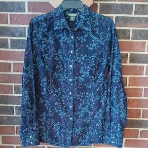 Eddie Bauer Navy Button-Up With Purple Floral Design Womens Medium Tall